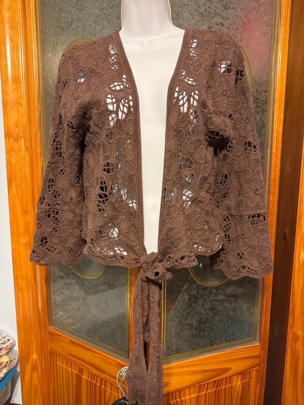 House of Harlow 1960 Brown Crochet Tie-Front Cardigan